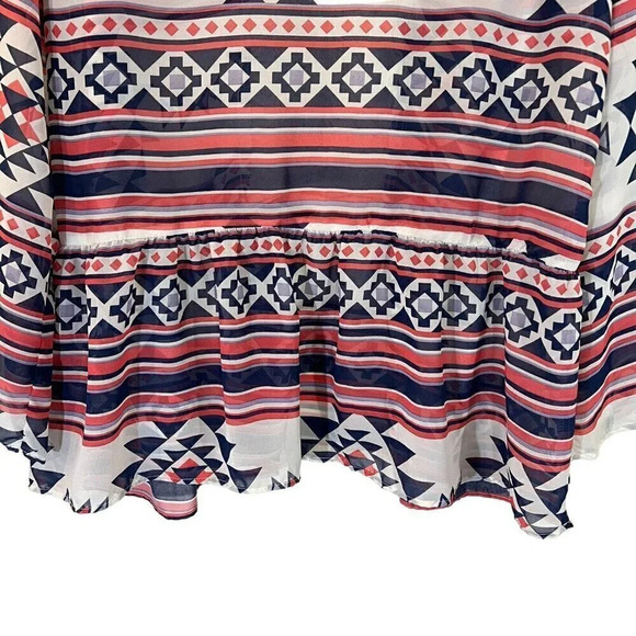 Signature Studio Tribal Blouse XL Sheer Geometric Multi Patterned Crochet Trim - Picture 4 of 7